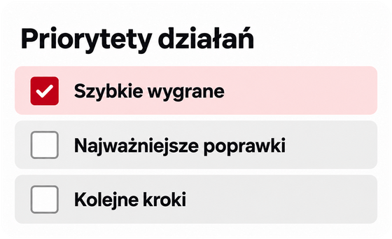 Priorytety działań: szybkie wygrane, najważniejsze poprawki, kolejne kroki